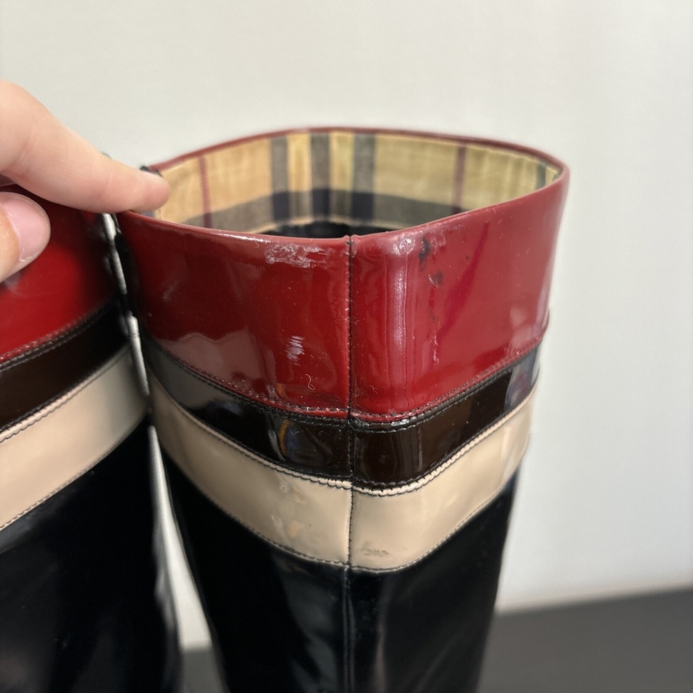 Burberry Red Black Patent Leather Pointed-Toe Knee-High Riding Boots Womens 37.5 - Picture 5 of 16